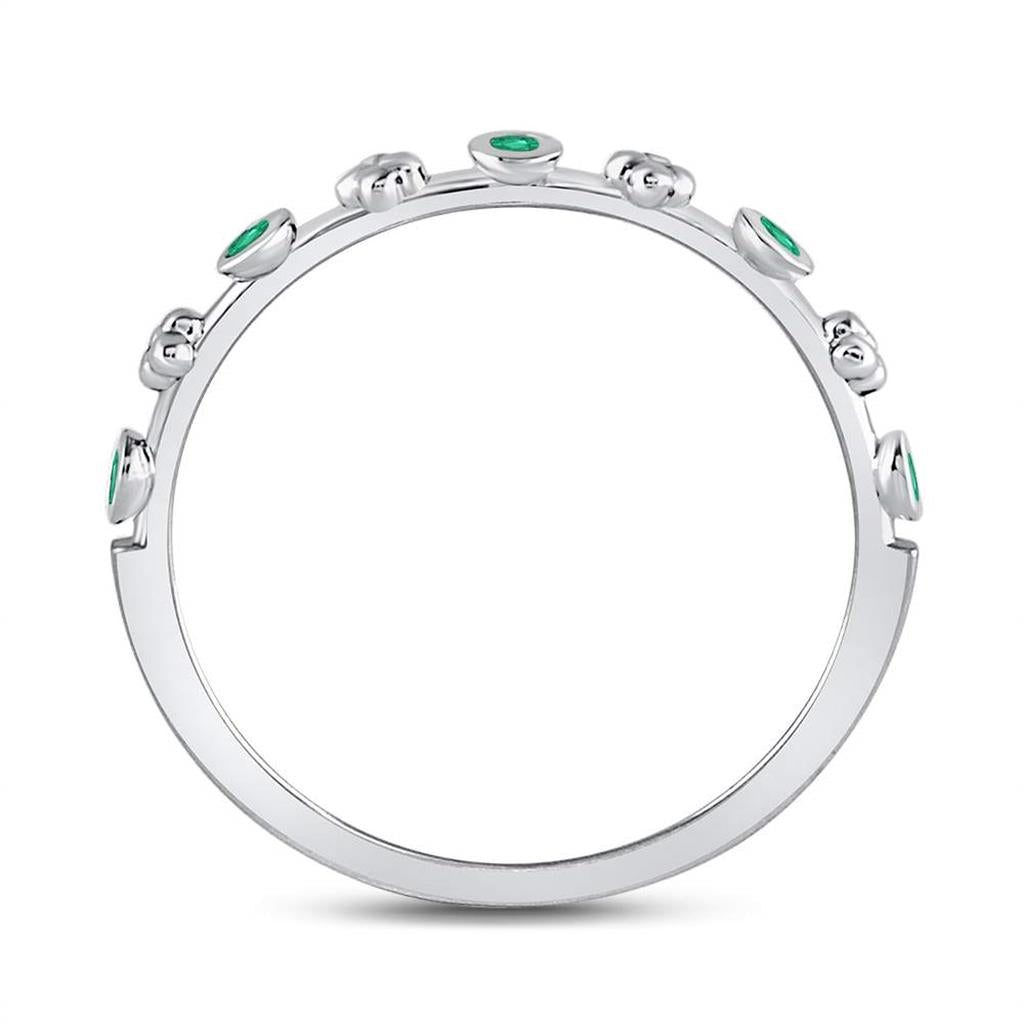 14kt White Gold Round Emerald Dot Flower Stackable Band Ring 1/12 Cttw