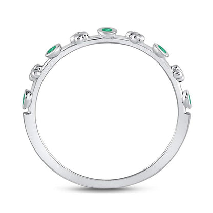 14kt White Gold Round Emerald Dot Flower Stackable Band Ring 1/12 Cttw