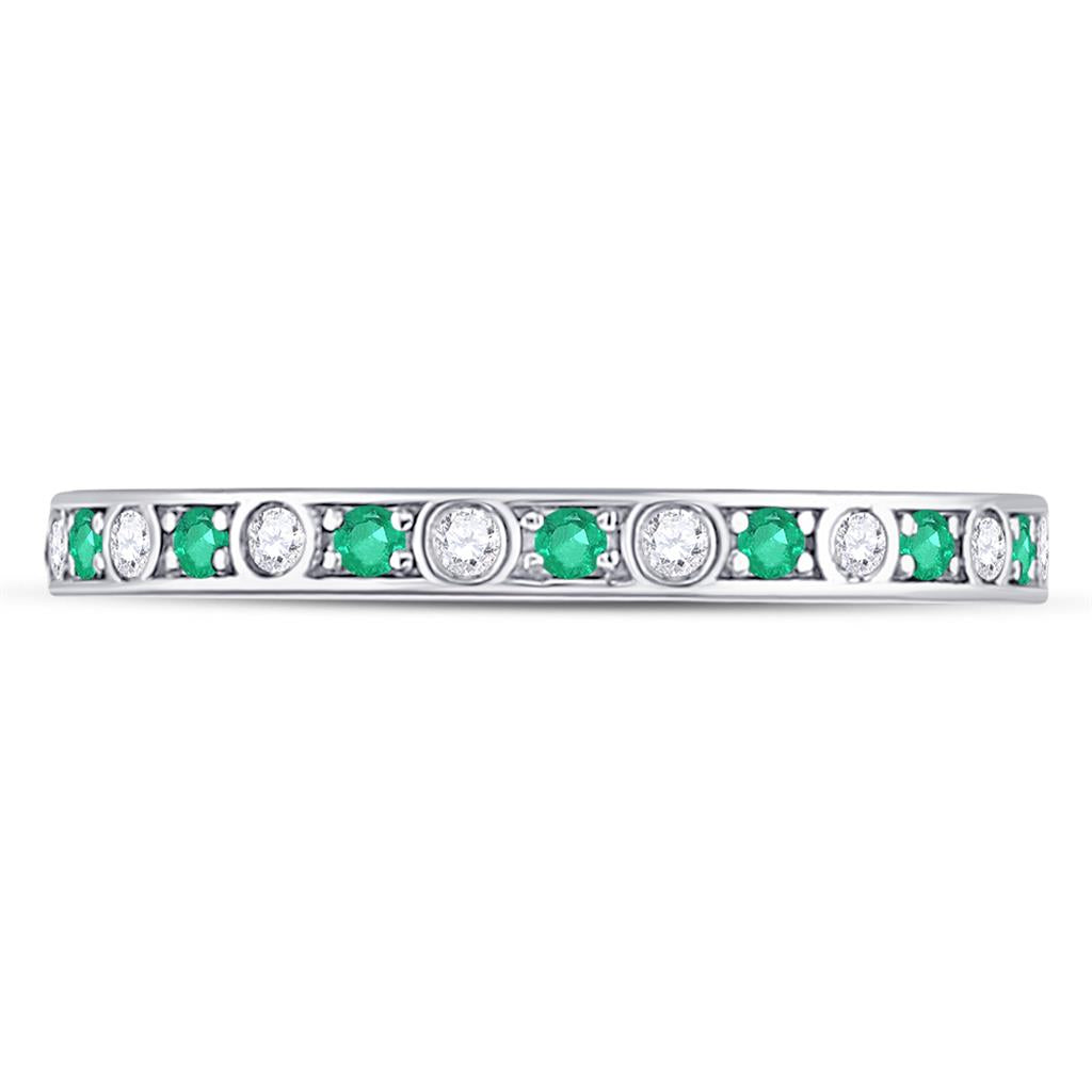 14k White Gold Round Emerald Diamond Alternating Stackable Band Ring 1/4 Cttw