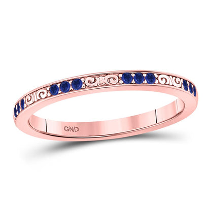 10k Rose Gold Round Blue Sapphire Flourished Stackable Band Ring 1/6 Cttw