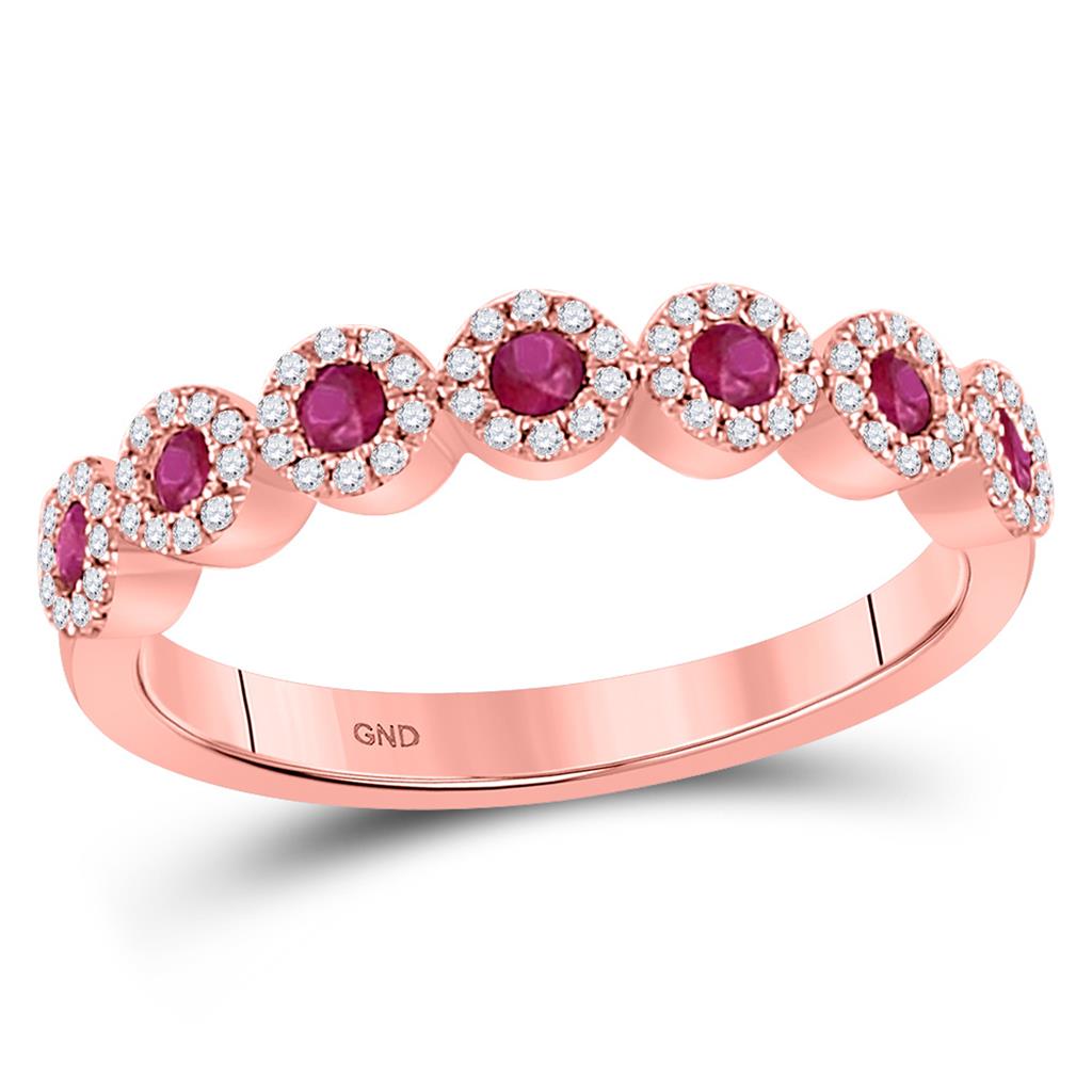 10k Rose Gold Round Ruby Halo Stackable Band Ring 1/2 Cttw