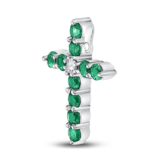 14k White Gold Round Created Emerald Cross Pendant 5/8 Cttw