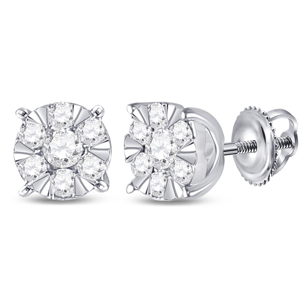 14k White Gold Round Diamond Fashion Cluster Earrings 1/4 Cttw