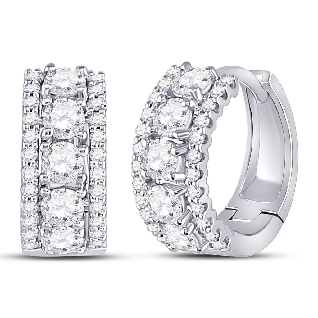 14k White Gold Round Diamond 3-Row Huggie Earrings 1 Cttw