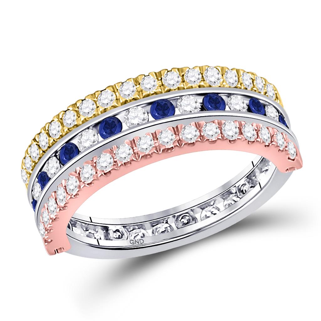 10k Tri-Tone Gold Round Blue Sapphire Convertible Band Ring 1-1/4 Cttw