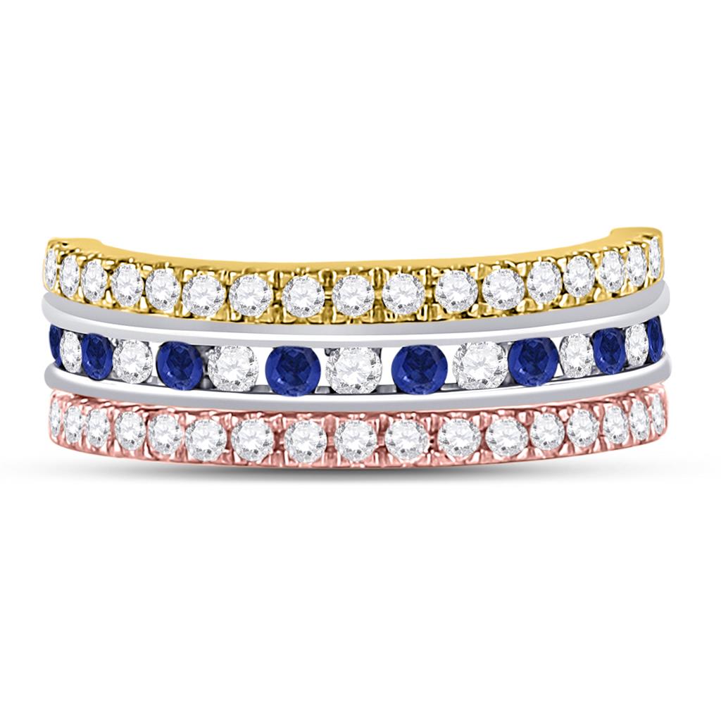 10k Tri-Tone Gold Round Blue Sapphire Convertible Band Ring 1-1/4 Cttw