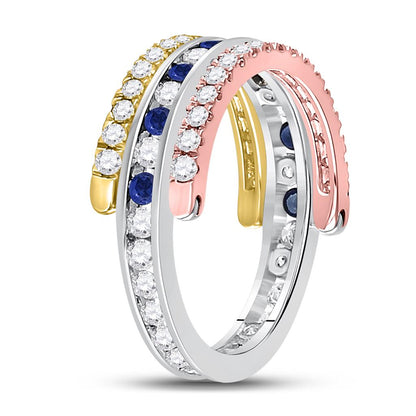 10k Tri-Tone Gold Round Blue Sapphire Convertible Band Ring 1-1/4 Cttw