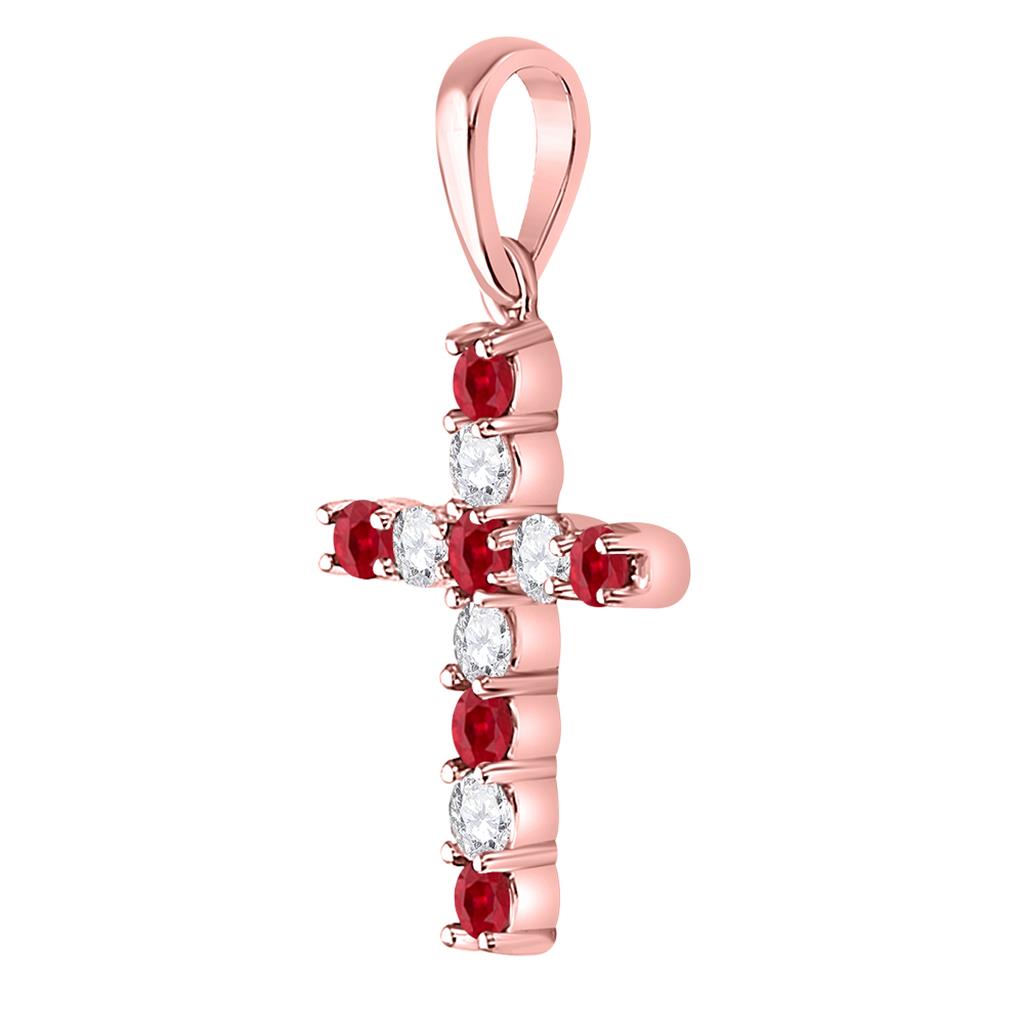 10k Rose Gold Round Created Ruby Cross Pendant 3/8 Cttw