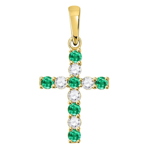 10k Yellow Gold Round Created Emerald Cross Pendant 1/3 Cttw