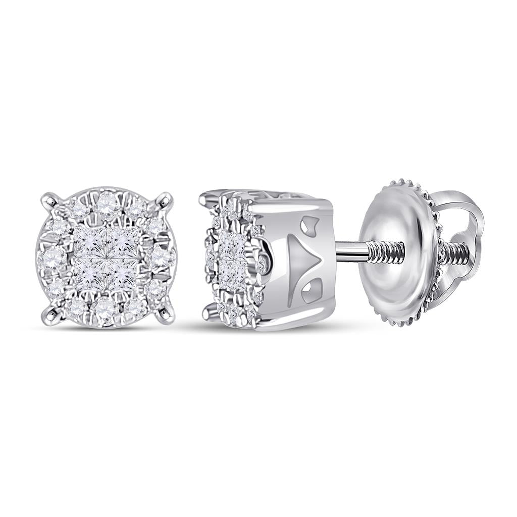14k White Gold Princess Diamond Fashion Cluster Earrings 1/6 Cttw