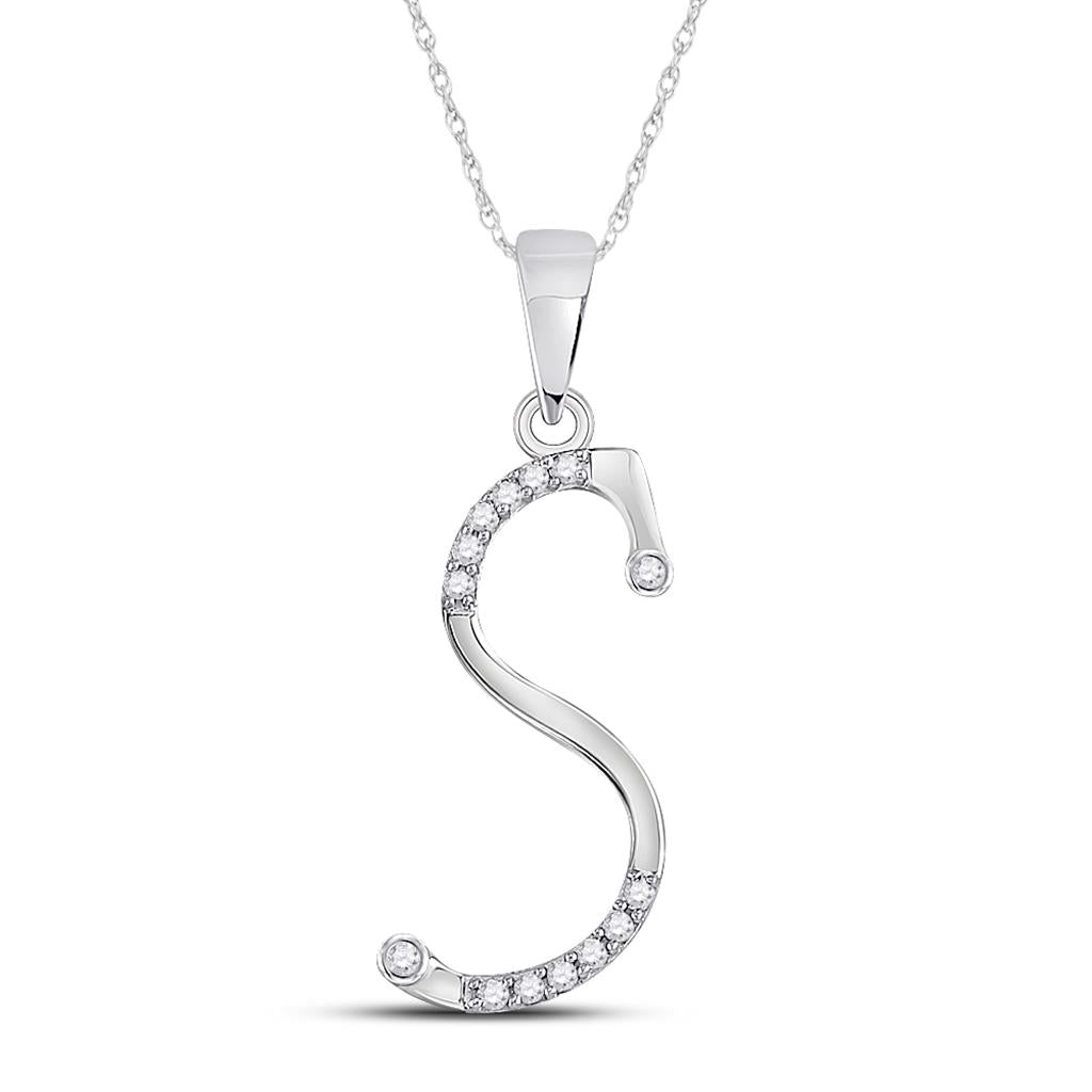14k White Gold Round Diamond S Initial Letter Pendant 1/10 Cttw