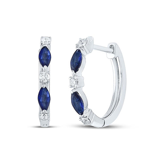 14k White Gold Marquise Blue Sapphire Diamond Hoop Earrings 3/8 Cttw