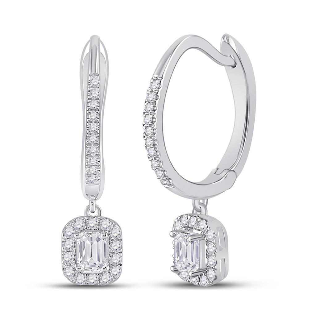 14k White Gold Emerald Diamond Hoop Dangle Earrings 1/2 Cttw