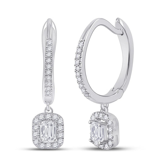 14k White Gold Emerald Diamond Hoop Dangle Earrings 1/2 Cttw