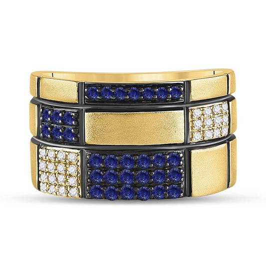 14k Yellow Gold Round Blue Sapphire Checkered Band Ring 5/8 Cttw