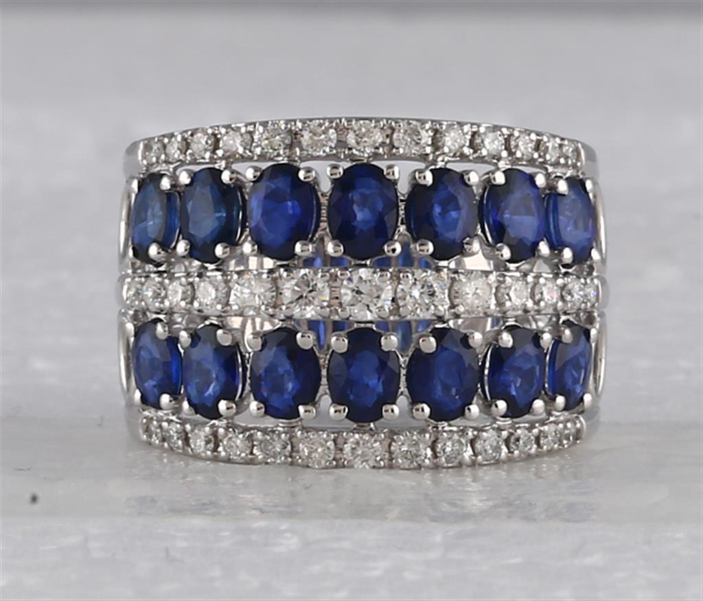 14k White Gold Oval Blue Sapphire Diamond Cocktail Band Ring 3 Cttw