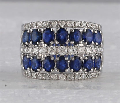 14k White Gold Oval Blue Sapphire Diamond Cocktail Band Ring 3 Cttw