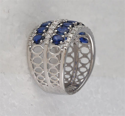 14k White Gold Oval Blue Sapphire Diamond Cocktail Band Ring 3 Cttw