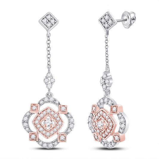10k Two-tone Gold Round Diamond Offset Square Dangle Earrings 1/2 Cttw