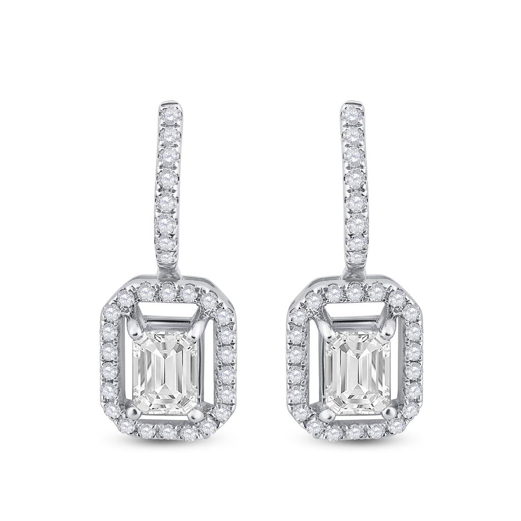 14k White Gold Emerald Diamond Dangle Earrings 1-1/4 Cttw