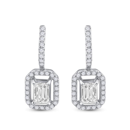 14k White Gold Emerald Diamond Dangle Earrings 1-1/4 Cttw