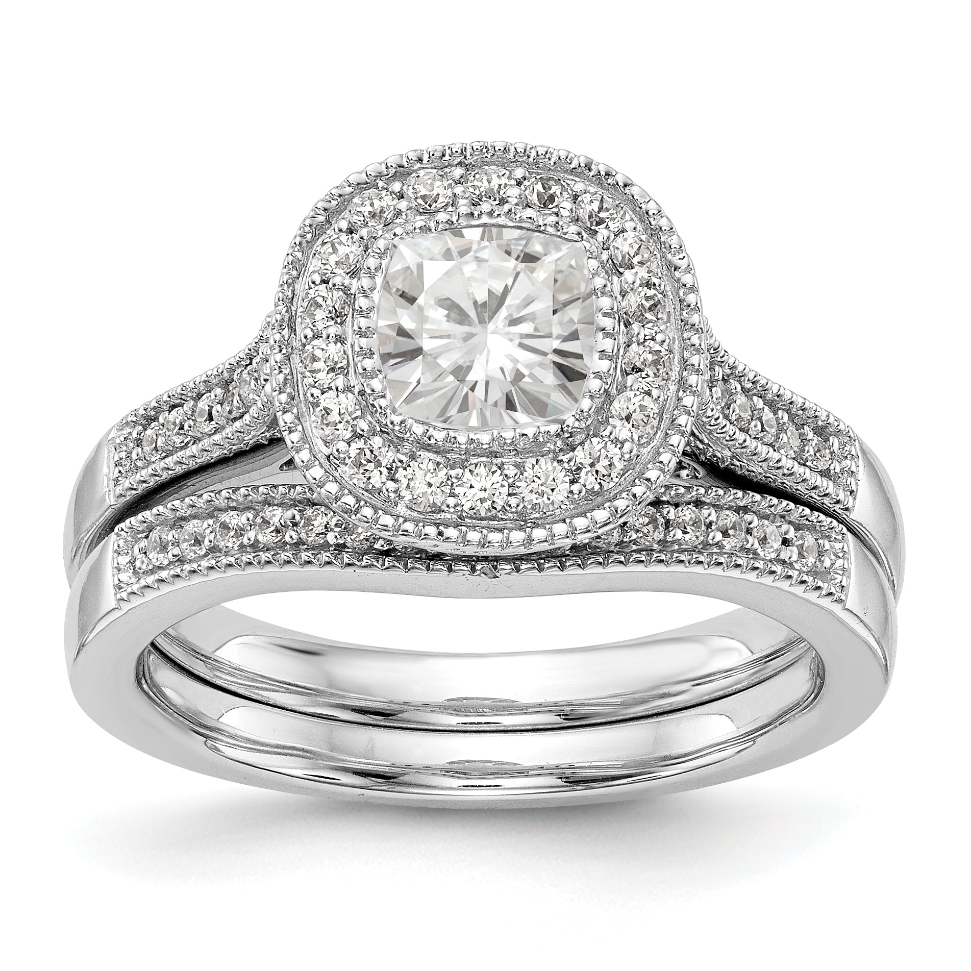 14K White Gold Cushion Bezel Simulated Diamond Halo Engagement Ring