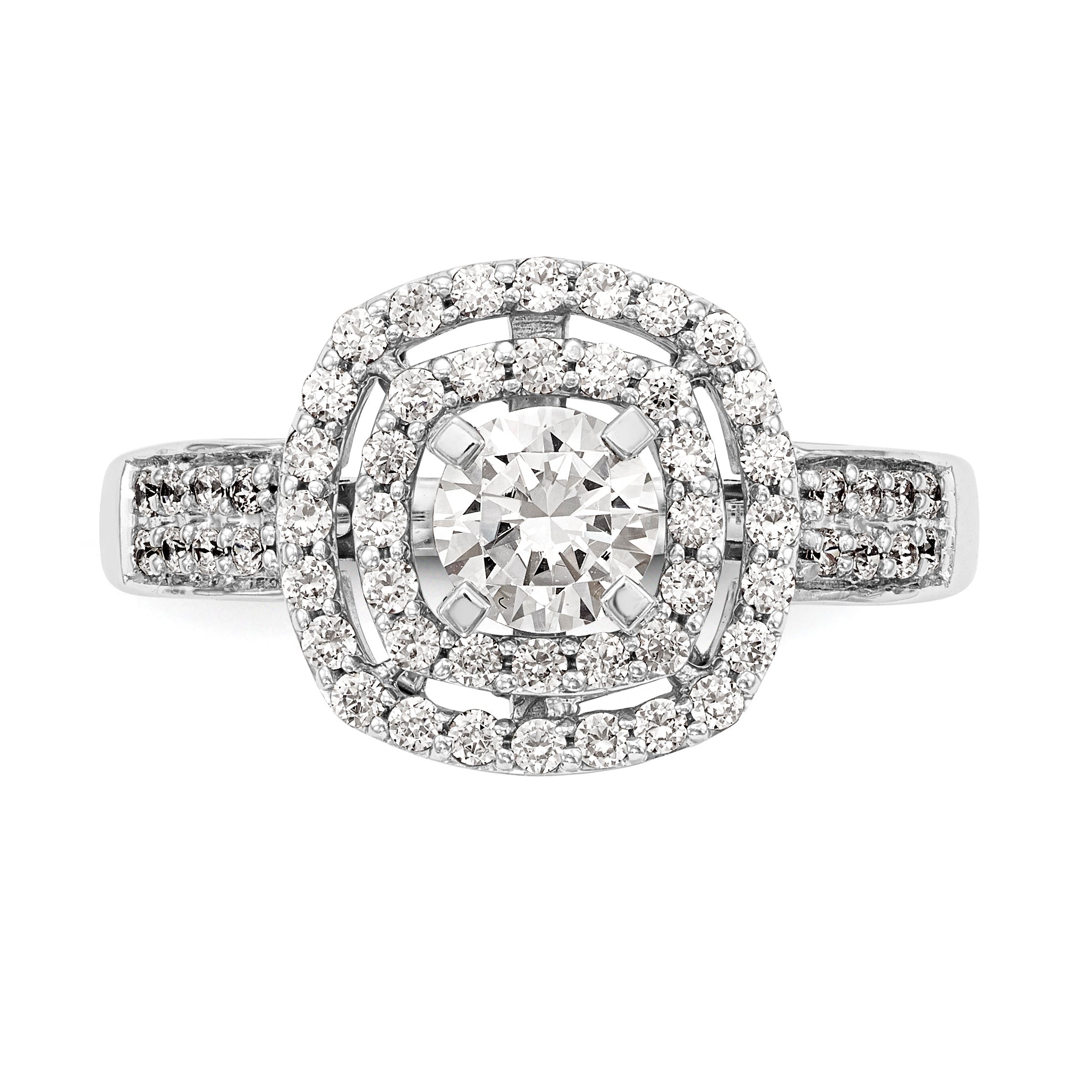 14k Peg Set Simulated Diamond Double Cushion Halo Engagement Ring