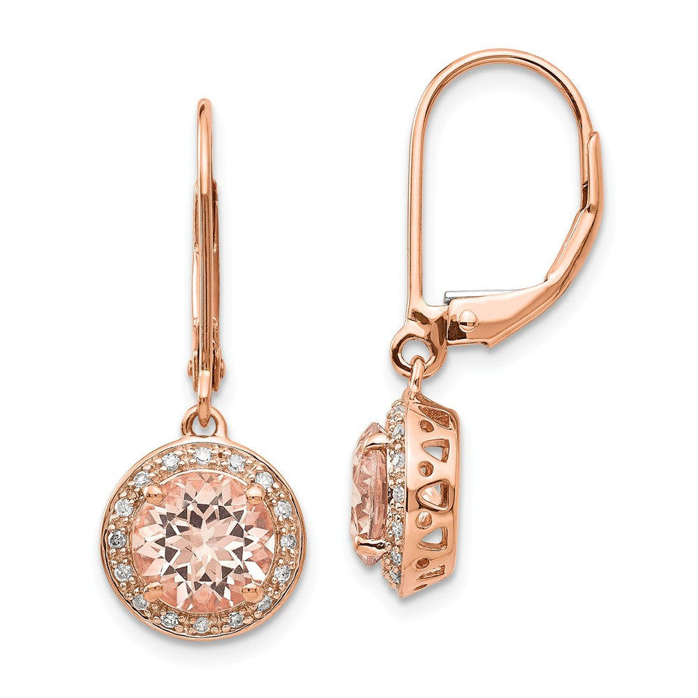 14k Rose Gold Diamond and Morganite Round Leverback Dangle Earrings