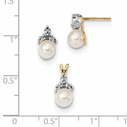 14k 5 6mm White Round FWC Pearl .09ct Diamond Earring/Pendant Set