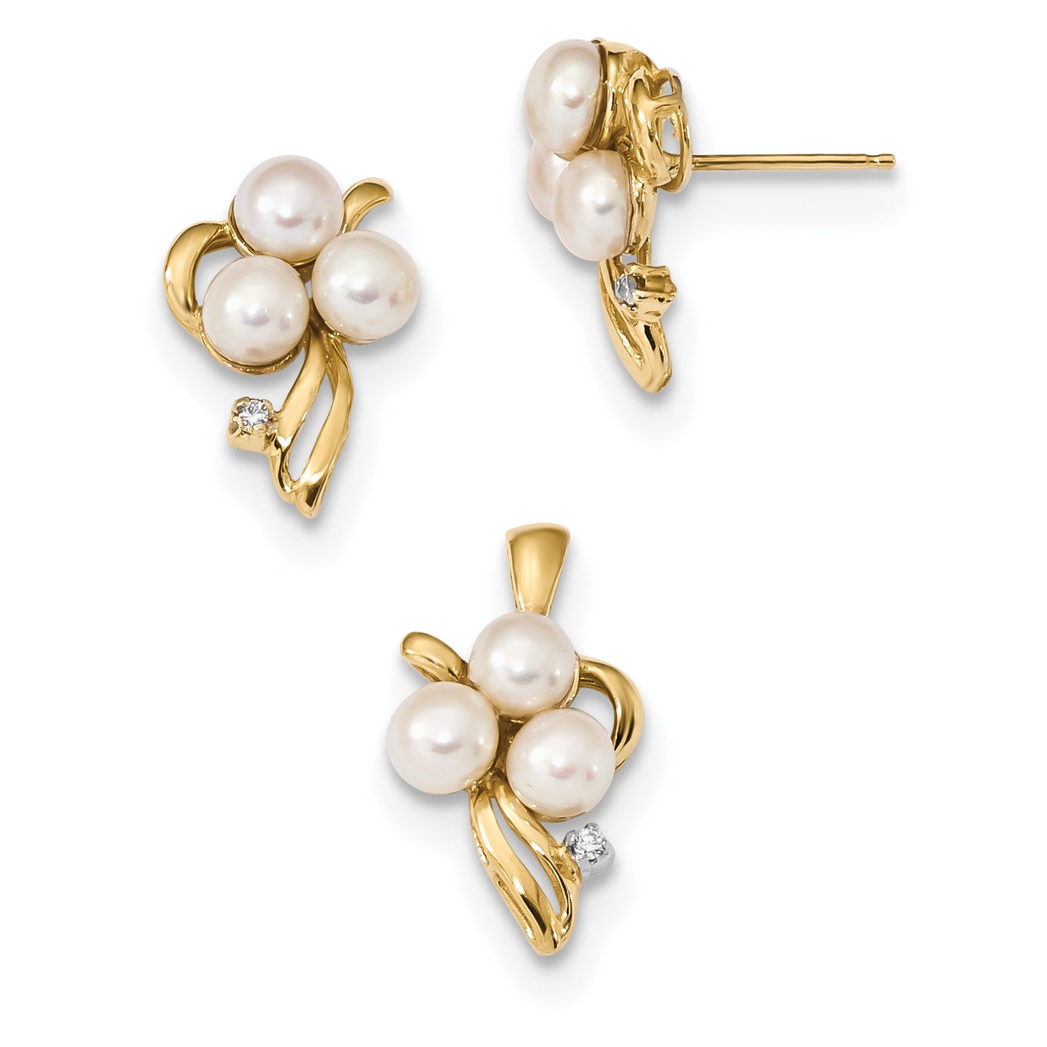 14k 4 5mm White Button FWC Pearl .03ct Diamond Earring/Pendant Set