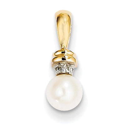 14k 5 6mm White Round Freshwater Cultured Pearl and Diamond Pendant