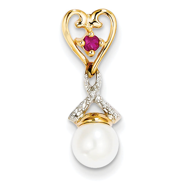 14k Diamond 8 9mm Round FW Cultured Pearl Created Composite Ruby Pendant