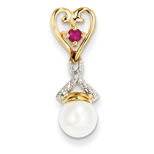 14k Diamond 8 9mm Round FW Cultured Pearl Created Composite Ruby Pendant