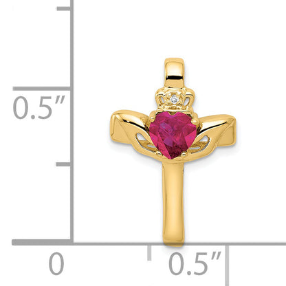 14k 6mm Claddagh Created Ruby AAA Diamond Cross Pendant