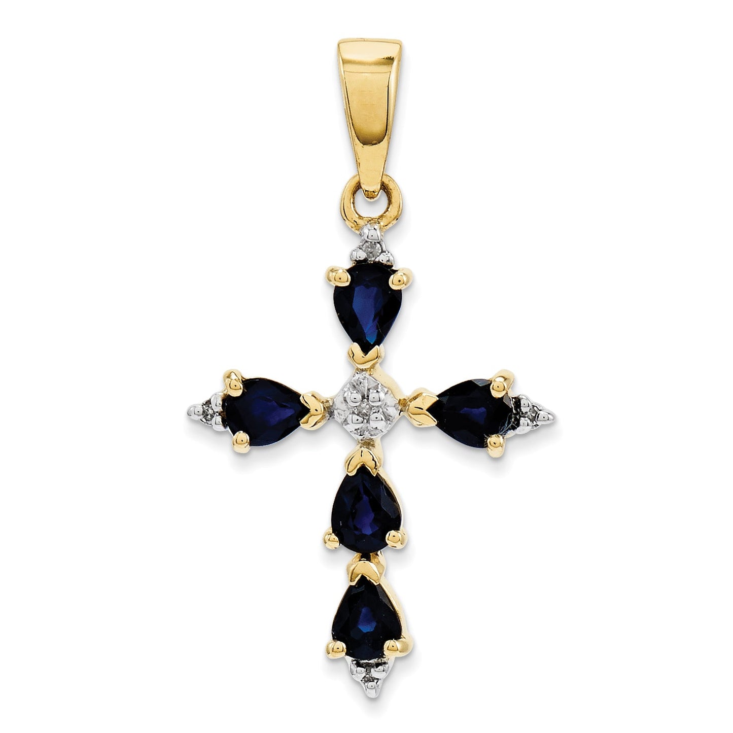 Natural Diamond and Sapphire Cross Pendant in 14k Yellow Gold